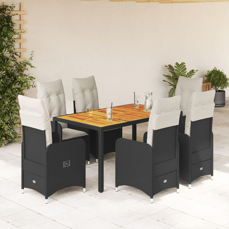 7 Piece Garden Bistro Set with Cushions Black Poly Rattan Payday Deals