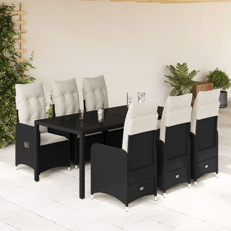 7 Piece Garden Bistro Set with Cushions Black Poly Rattan Payday Deals