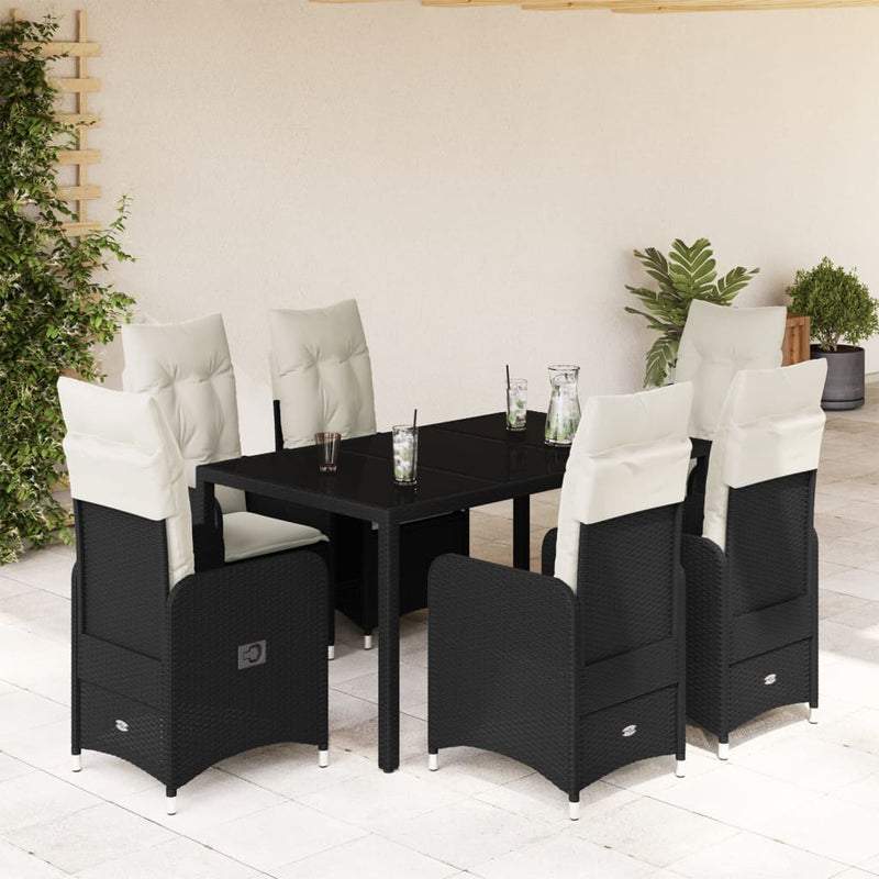 7 Piece Garden Bistro Set with Cushions Black Poly Rattan Payday Deals