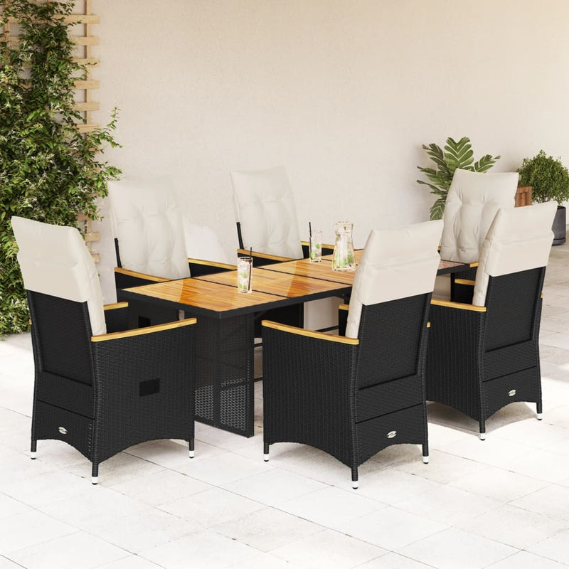 7 Piece Garden Bistro Set with Cushions Black Poly Rattan Payday Deals