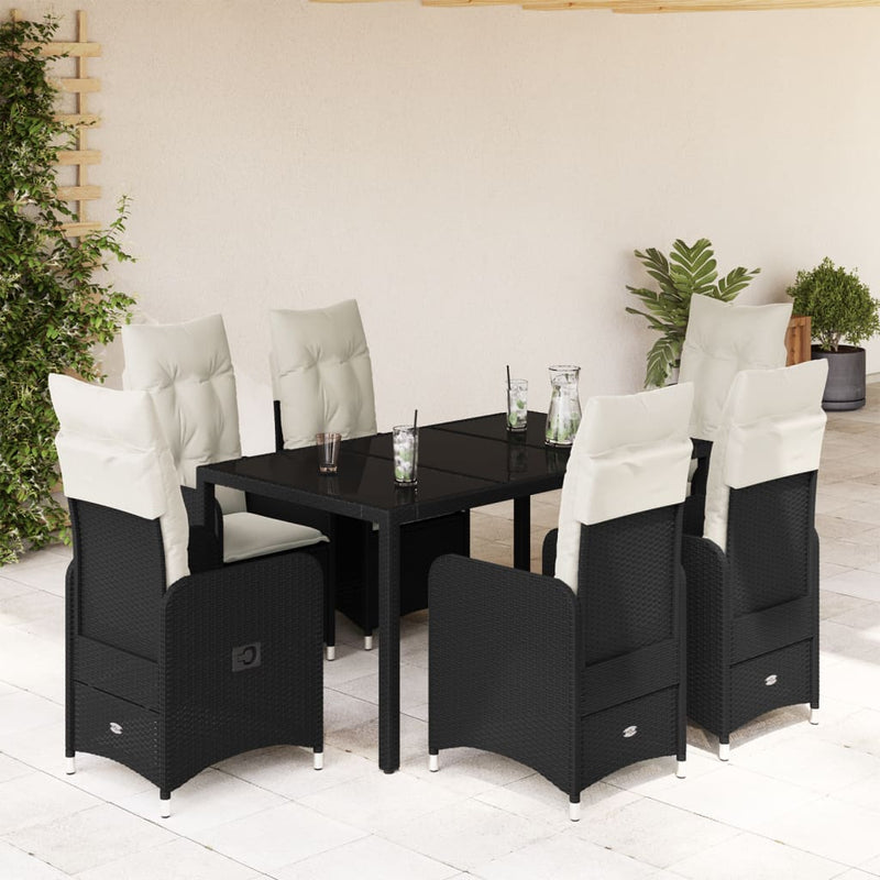 7 Piece Garden Bistro Set with Cushions Black Poly Rattan Payday Deals