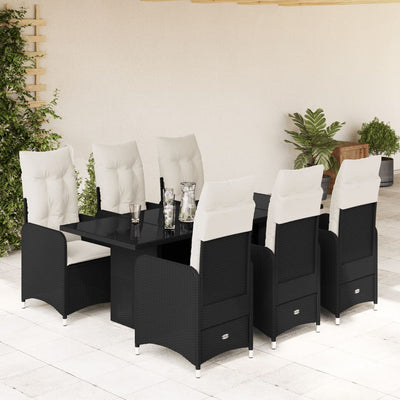 7 Piece Garden Bistro Set with Cushions Black Poly Rattan