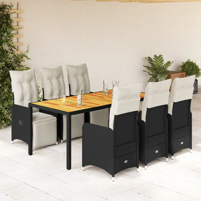 7 Piece Garden Bistro Set with Cushions Black Poly Rattan