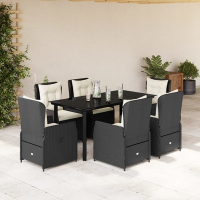 7 Piece Garden Dining Set with Cushions Black Poly Rattan