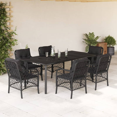 7 Piece Garden Dining Set with Cushions Black Poly Rattan Payday Deals