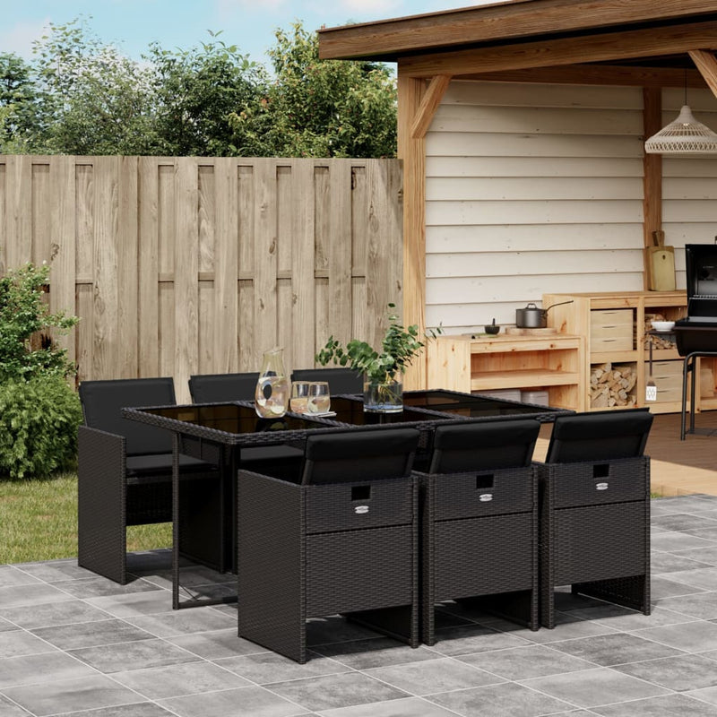 7 Piece Garden Dining Set with Cushions Black Poly Rattan Payday Deals