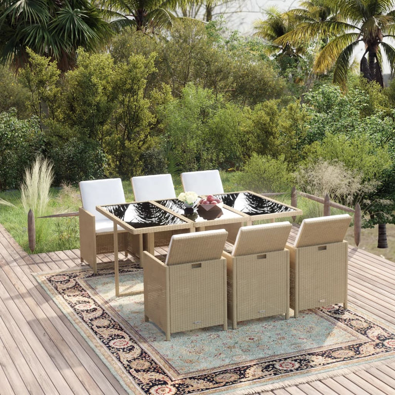 7 Piece Garden Dining Set with Cushions Poly Rattan Beige Payday Deals