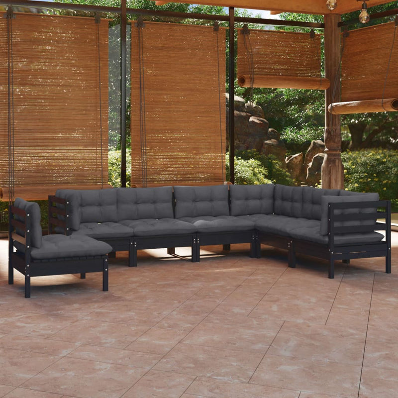 7 Piece Garden Lounge Set with Cushions Black Solid Pinewood Payday Deals