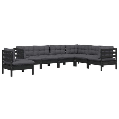 7 Piece Garden Lounge Set with Cushions Black Solid Pinewood Payday Deals