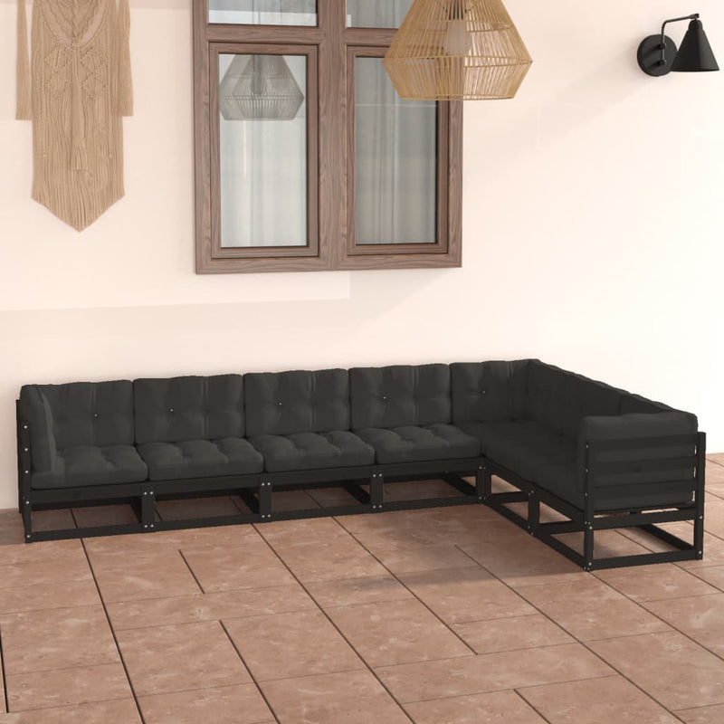 7 Piece Garden Lounge Set with Cushions Black Solid Pinewood Payday Deals