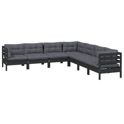 7 Piece Garden Lounge Set with Cushions Black Solid Pinewood Payday Deals