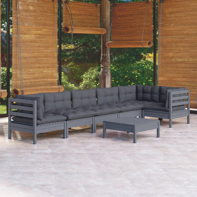 7 Piece Garden Lounge Set with Cushions Grey Pinewood