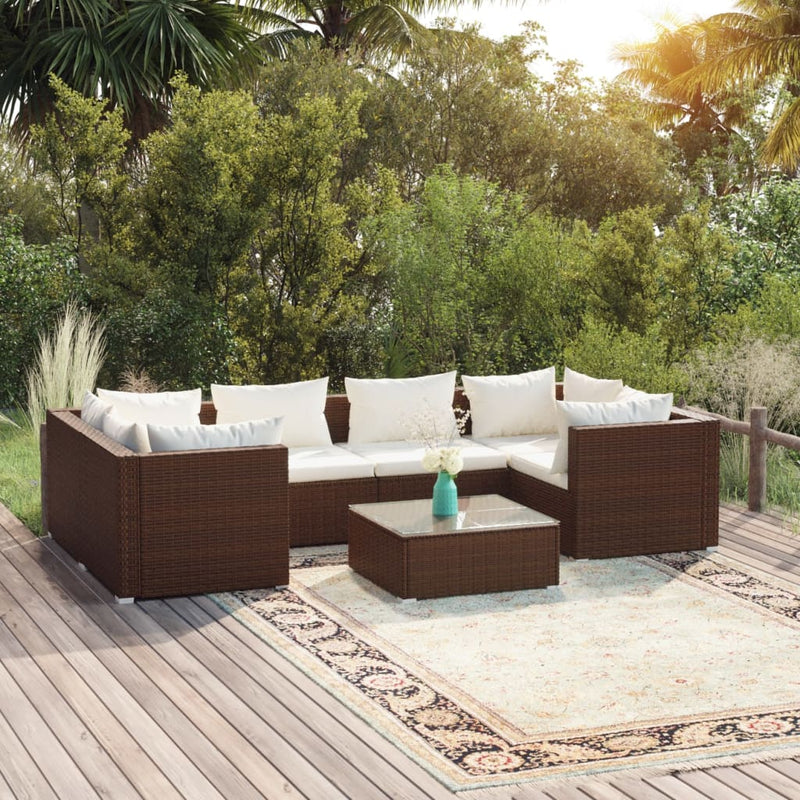 7 Piece Garden Lounge Set with Cushions Poly Rattan Brown Payday Deals