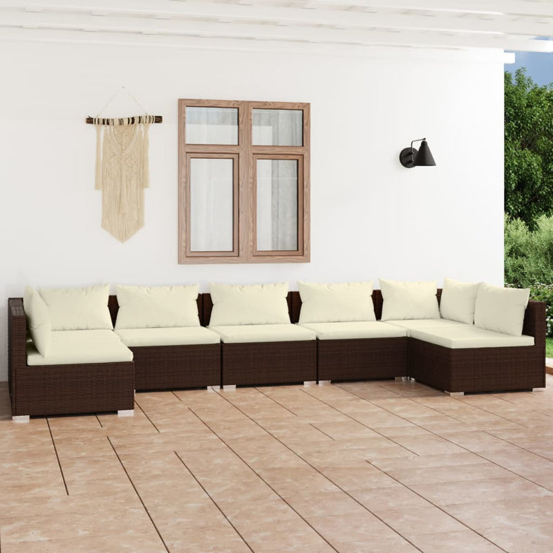 7 Piece Garden Lounge Set with Cushions Poly Rattan Brown Payday Deals