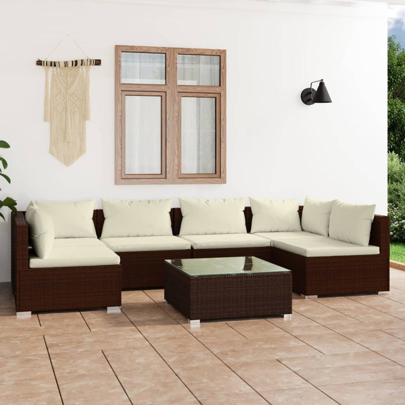 7 Piece Garden Lounge Set with Cushions Poly Rattan Brown Payday Deals