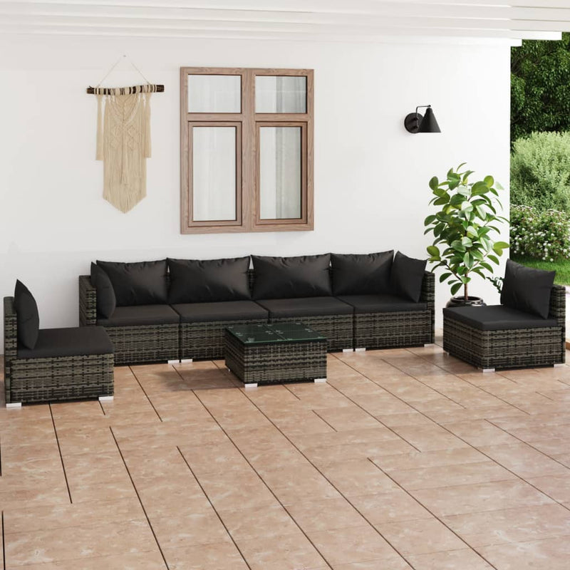 7 Piece Garden Lounge Set with Cushions Poly Rattan Grey Payday Deals