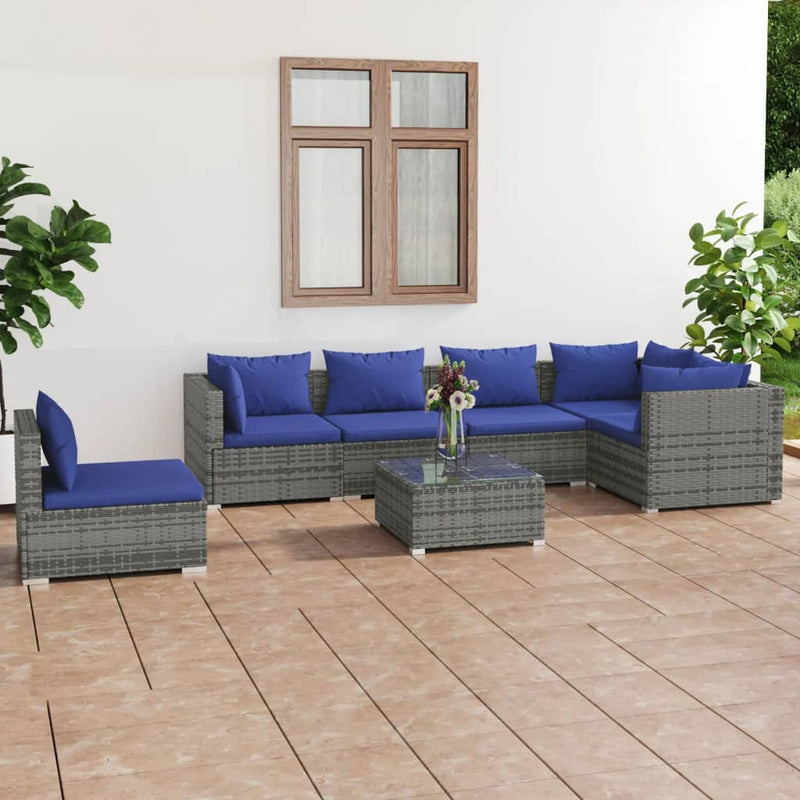 7 Piece Garden Lounge Set with Cushions Poly Rattan Grey Payday Deals