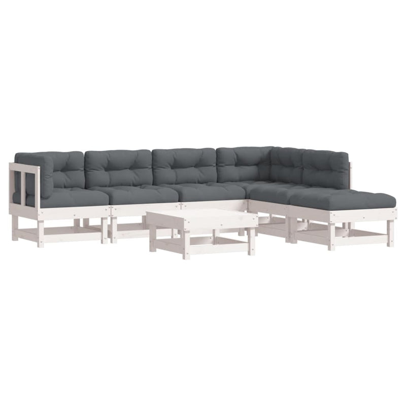 7 Piece Garden Lounge Set with Cushions White Solid Wood Payday Deals