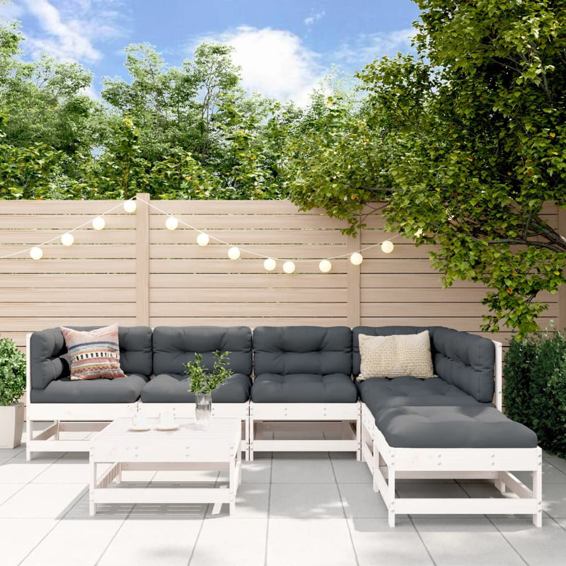 7 Piece Garden Lounge Set with Cushions White Solid Wood Payday Deals