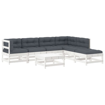 7 Piece Garden Lounge Set with Cushions White Solid Wood Payday Deals