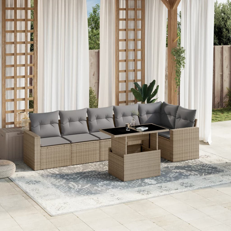 7 Piece Garden Sofa Set with Cushions Beige Poly Rattan Payday Deals