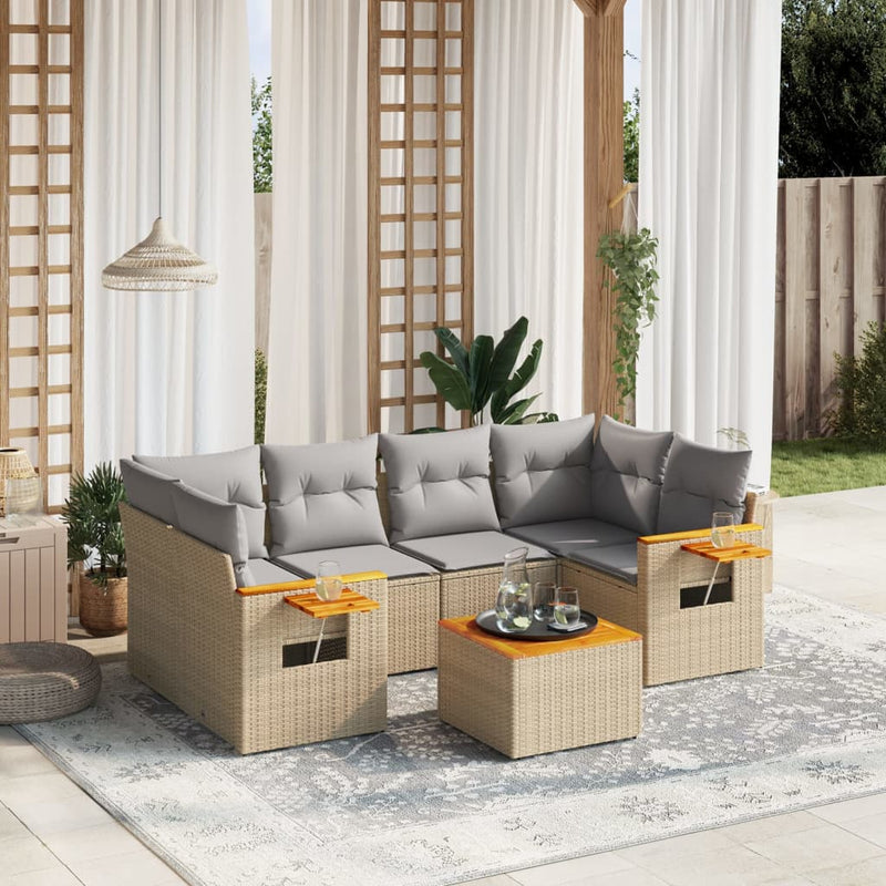 7 Piece Garden Sofa Set with Cushions Beige Poly Rattan Payday Deals