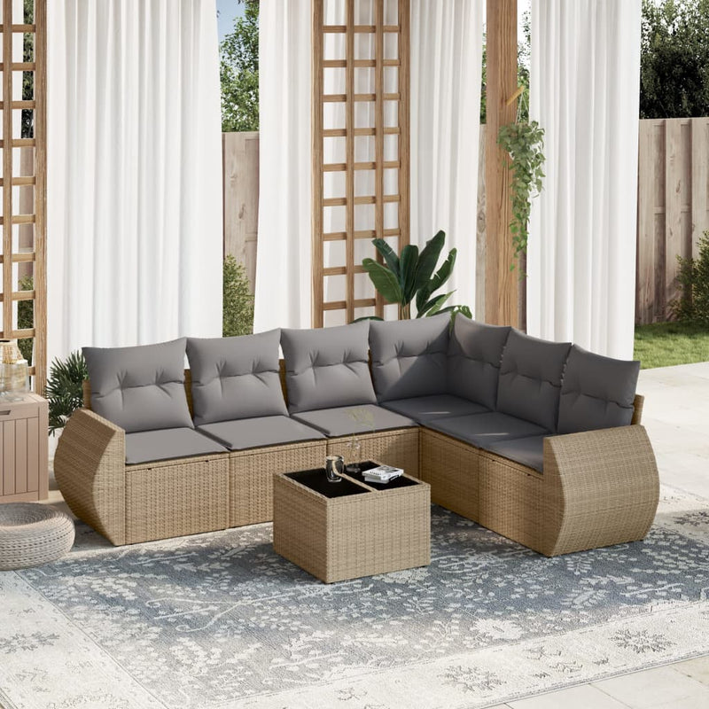 7 Piece Garden Sofa Set with Cushions Beige Poly Rattan Payday Deals