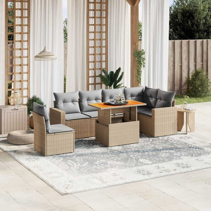 7 Piece Garden Sofa Set with Cushions Beige Poly Rattan Payday Deals