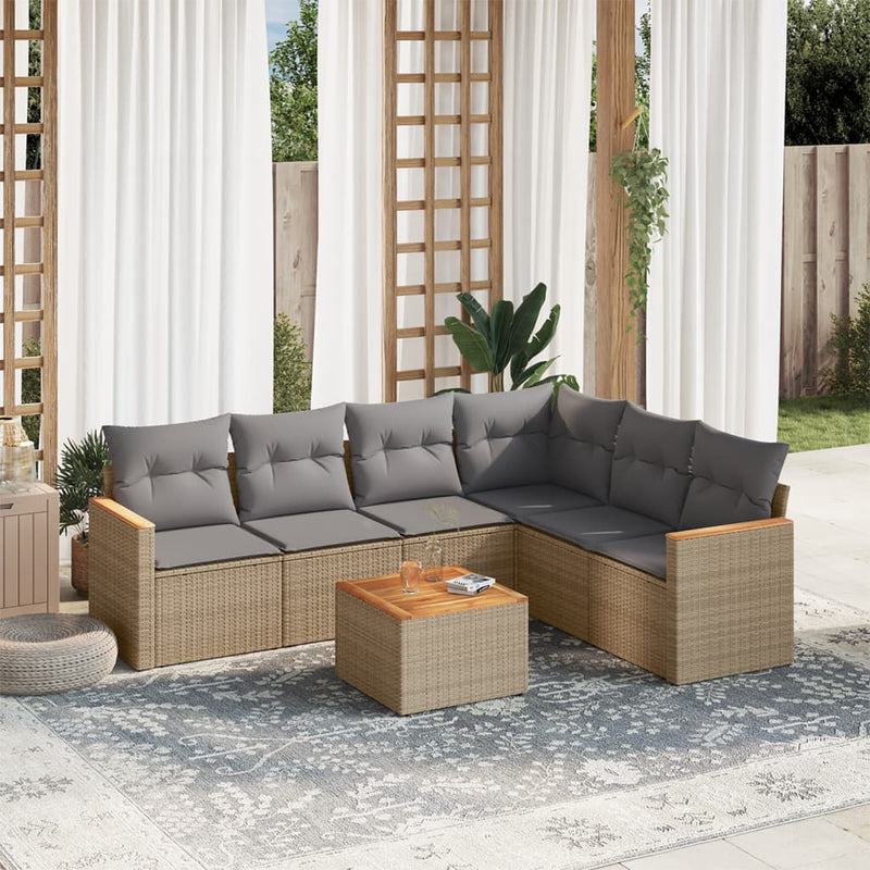 7 Piece Garden Sofa Set with Cushions Beige Poly Rattan Payday Deals