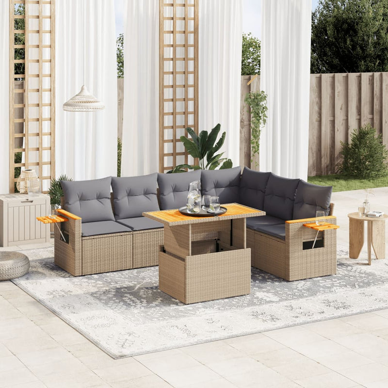 7 Piece Garden Sofa Set with Cushions Beige Poly Rattan Payday Deals