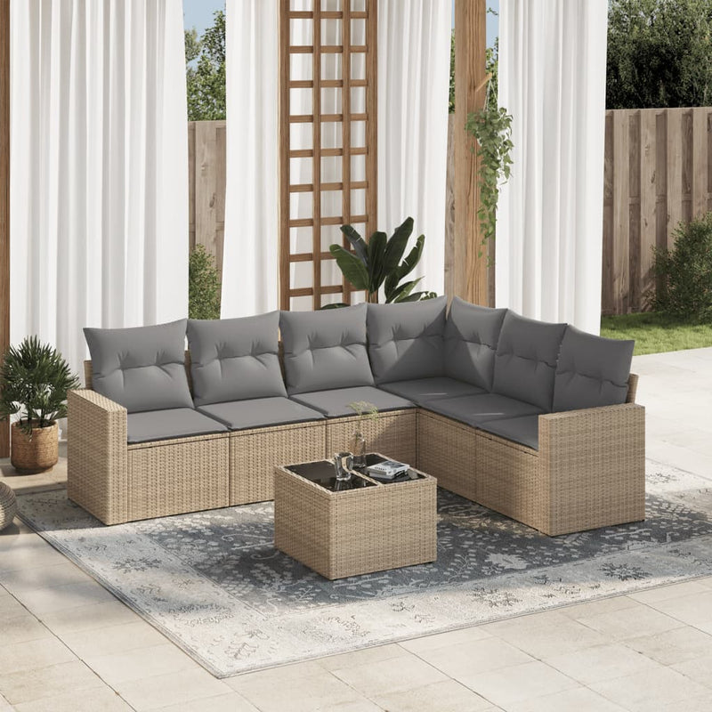 7 Piece Garden Sofa Set with Cushions Beige Poly Rattan Payday Deals