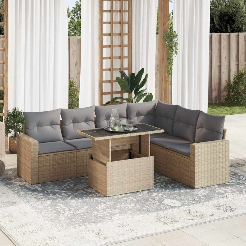7 Piece Garden Sofa Set with Cushions Beige Poly Rattan Payday Deals