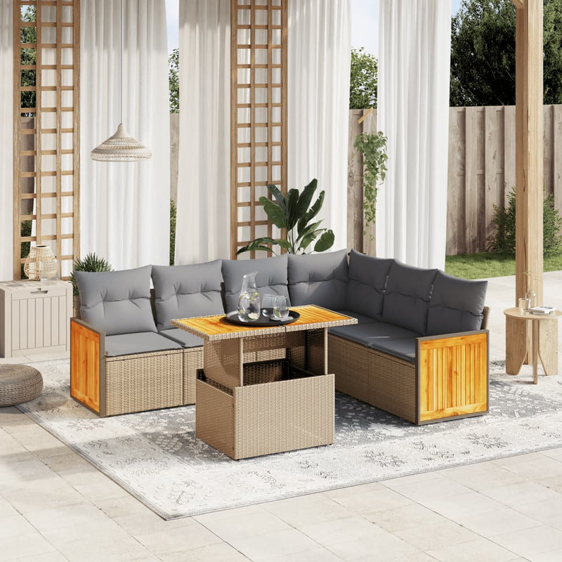 7 Piece Garden Sofa Set with Cushions Beige Poly Rattan Payday Deals