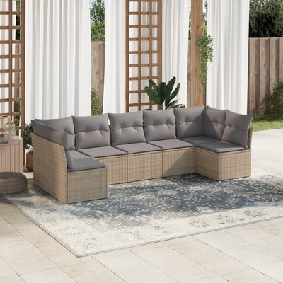 7 Piece Garden Sofa Set with Cushions Beige Poly Rattan