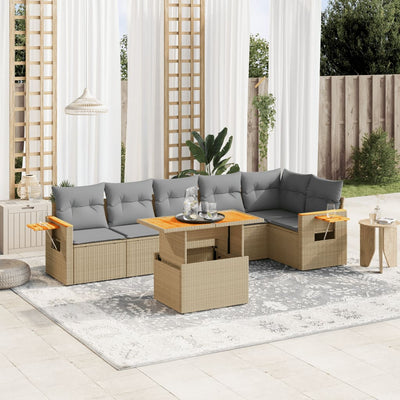 7 Piece Garden Sofa Set with Cushions Beige Poly Rattan