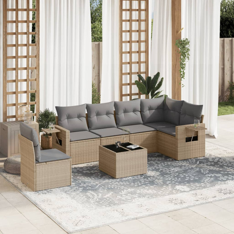 7 Piece Garden Sofa Set with Cushions Beige Poly Rattan Payday Deals