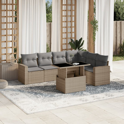 7 Piece Garden Sofa Set with Cushions Beige Poly Rattan