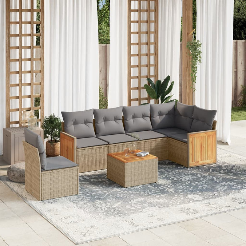 7 Piece Garden Sofa Set with Cushions Beige Poly Rattan Payday Deals