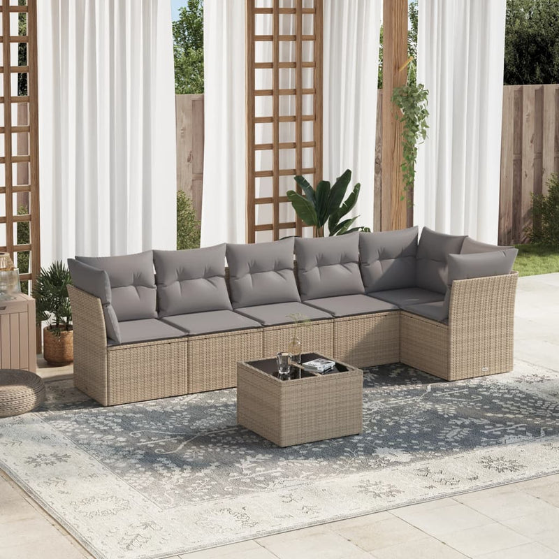 7 Piece Garden Sofa Set with Cushions Beige Poly Rattan Payday Deals