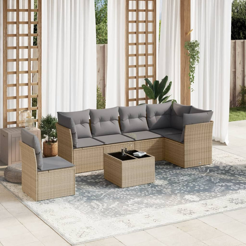 7 Piece Garden Sofa Set with Cushions Beige Poly Rattan Payday Deals