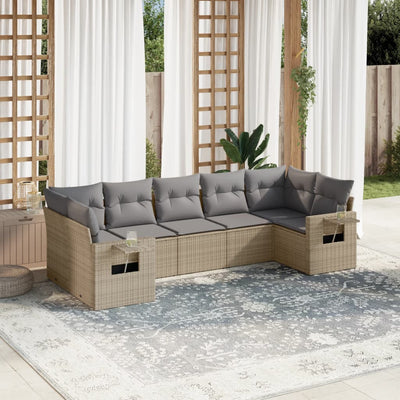 7 Piece Garden Sofa Set with Cushions Beige Poly Rattan