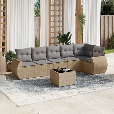 7 Piece Garden Sofa Set with Cushions Beige Poly Rattan