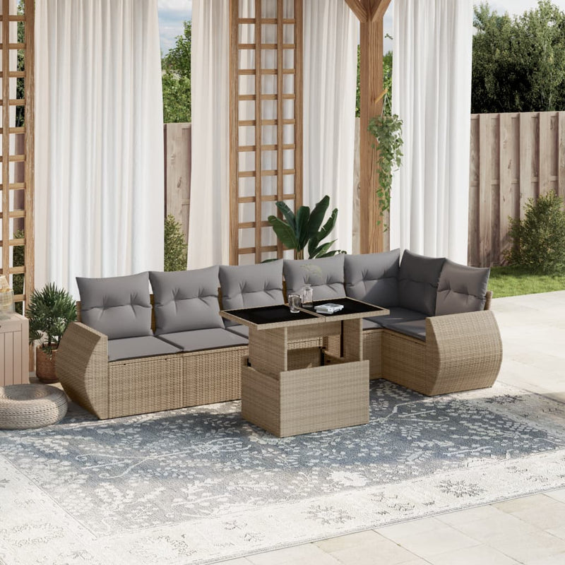 7 Piece Garden Sofa Set with Cushions Beige Poly Rattan Payday Deals