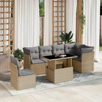 7 Piece Garden Sofa Set with Cushions Beige Poly Rattan