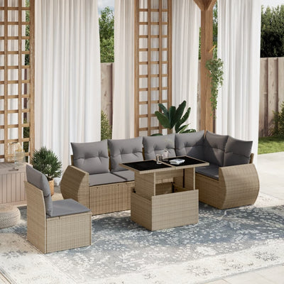 7 Piece Garden Sofa Set with Cushions Beige Poly Rattan