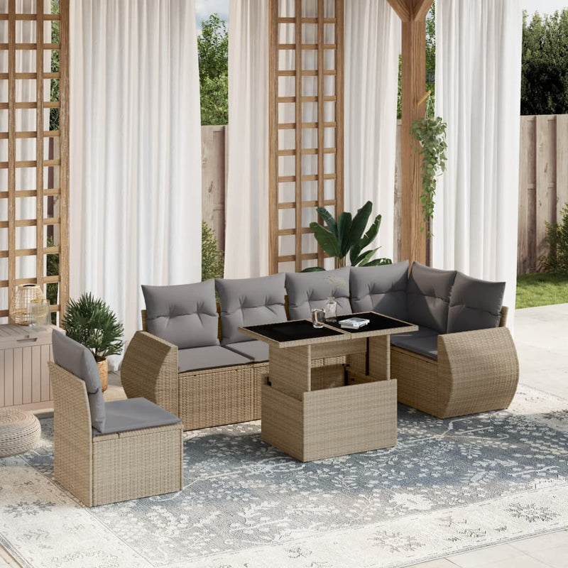 7 Piece Garden Sofa Set with Cushions Beige Poly Rattan Payday Deals