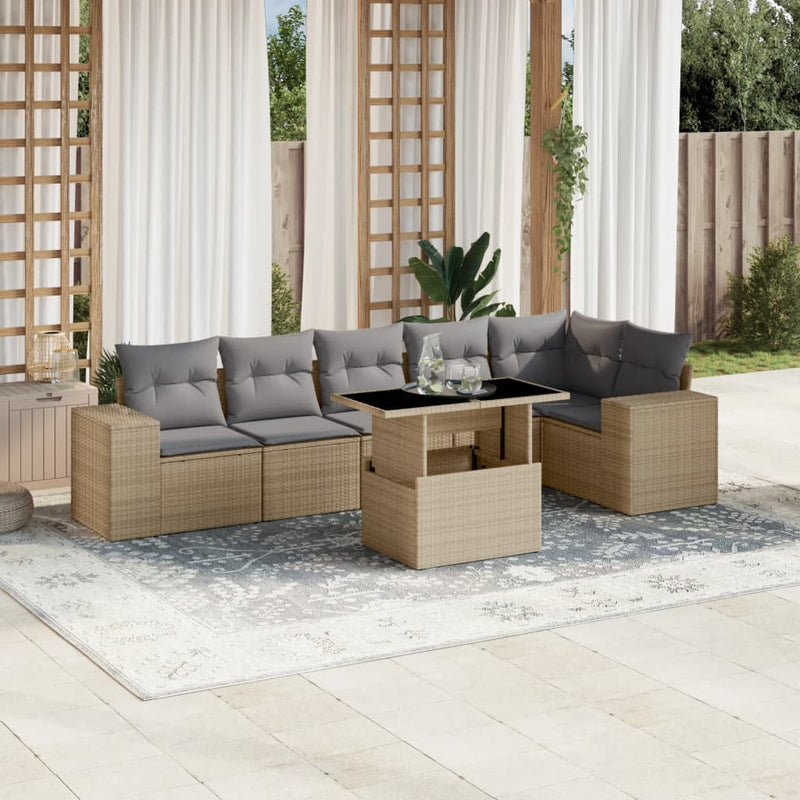 7 Piece Garden Sofa Set with Cushions Beige Poly Rattan Payday Deals