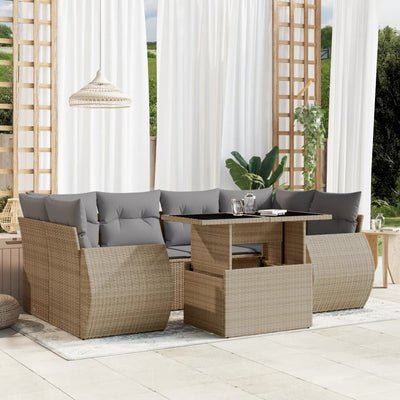 7 Piece Garden Sofa Set with Cushions Beige Poly Rattan