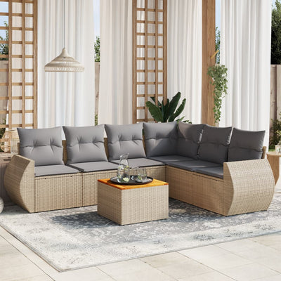 7 Piece Garden Sofa Set with Cushions Beige Poly Rattan