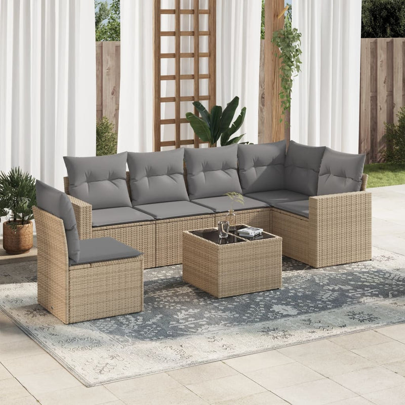 7 Piece Garden Sofa Set with Cushions Beige Poly Rattan Payday Deals